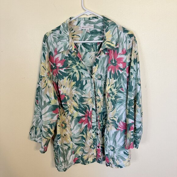 JM Collection Womans Top Plus Size 22W Floral Print Linen Button Up Tropical - Picture 8 of 8